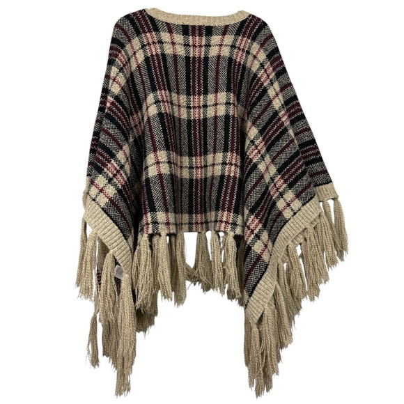 Anthropologie La Fee Verte Rare Plaid Tassel Fringe Knit Poncho - Picture 2 of 6
